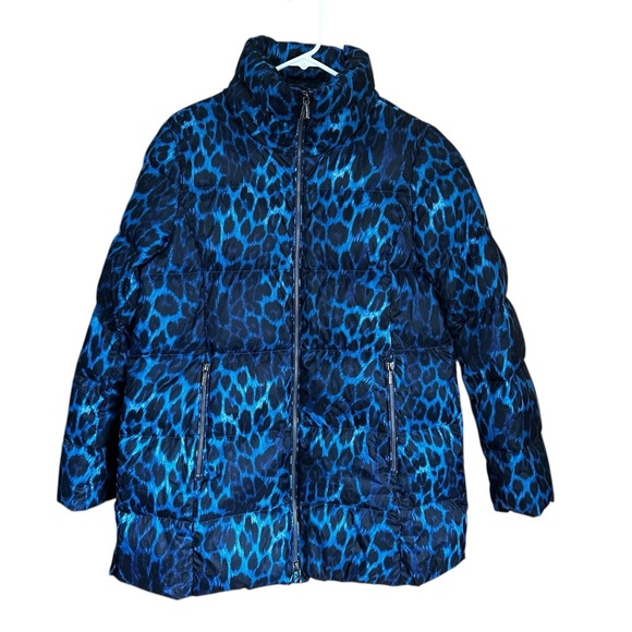 Lands’ End Down Blue Leopard Puffer Coat M 8-10 - Picture 4 of 8